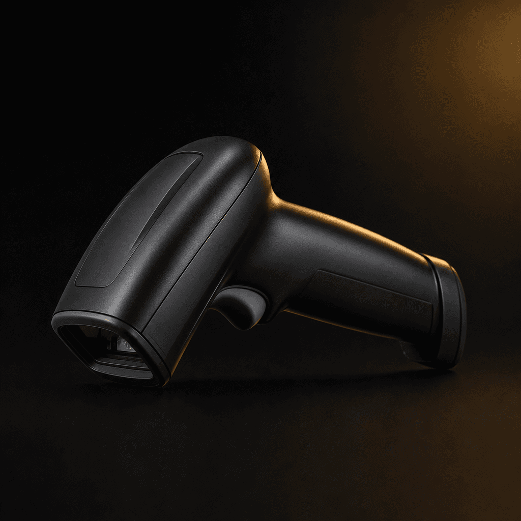 Black handheld barcode scanner on a dark studio background