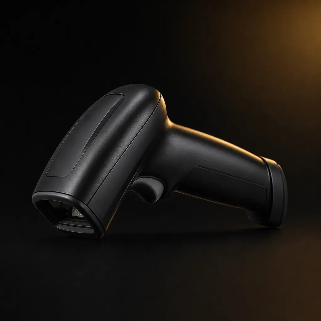 Black handheld barcode scanner on a dark studio background