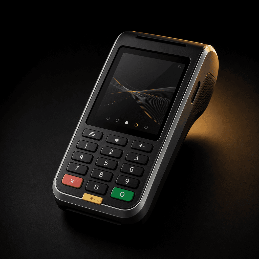 Handheld payment terminal on a dark studio background