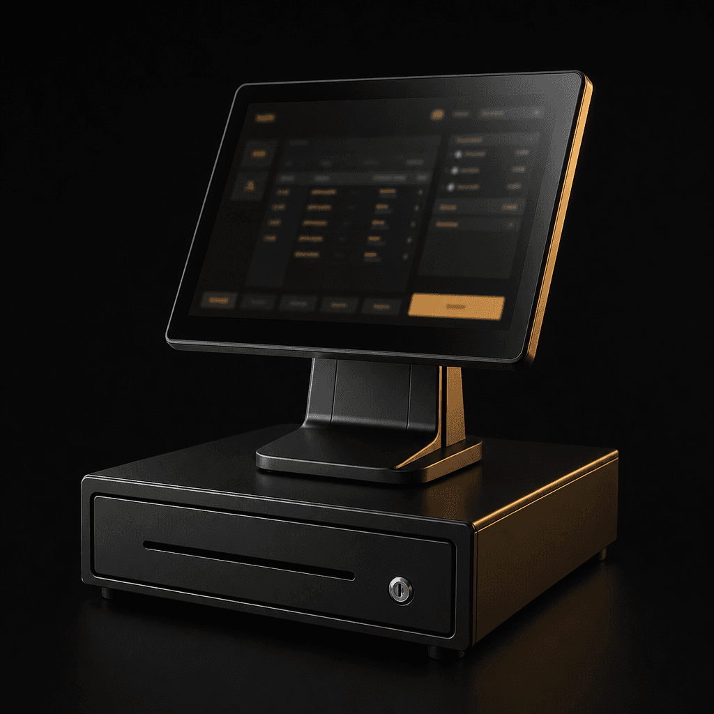 Black POS till with touchscreen and cash drawer on a dark studio background