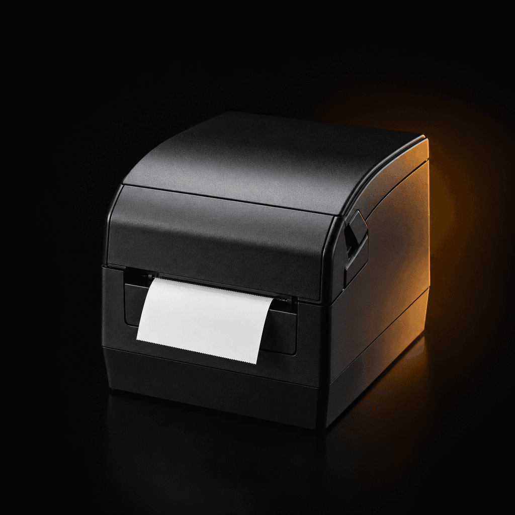 Black kitchen thermal ticket printer with paper on a dark studio background